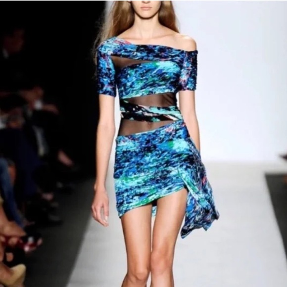 BCBGMaxAzria Dresses & Skirts - BCBG MaxAzria Runway Dutch Blue Print Jersey Mesh Cap Sleeve Bodycon Dress M